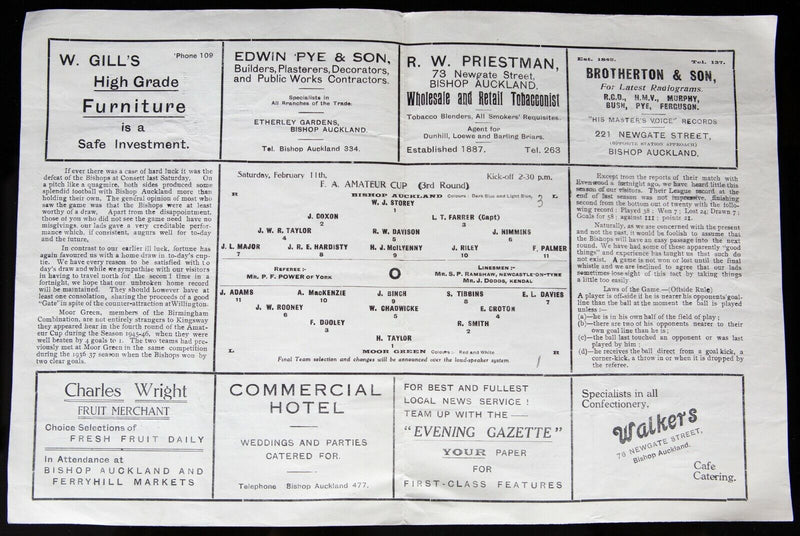 BISHOP AUCKLAND AFC v MOOR GREEN, 11/2/1950 FA AMATEUR CUP 3rd ROUND PROGRAMME