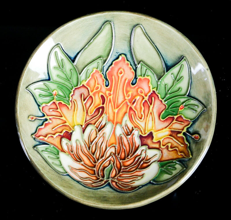 MOORCROFT POTTERY ORANGE FLORAL FLOWER PIN DISH PLATE, 12cm