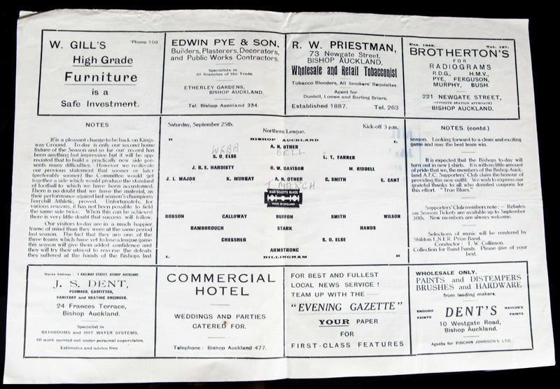 BISHOP AUCKLAND AFC v BILLINGHAM, 25/9/1948 NORTHERN LEAGUE FOOTBALL PROGRAMME