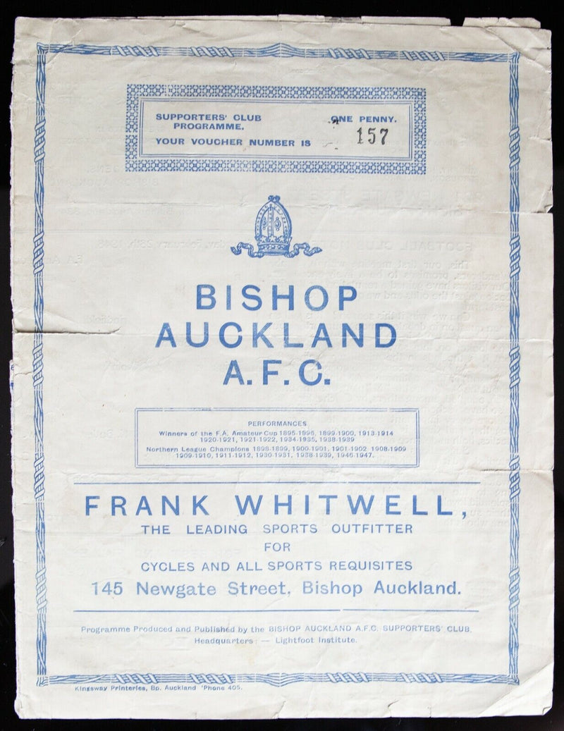BISHOP AUCKLAND AFC v WYCOMBE WANDERERS 28/2/1948 FA AMATEUR CUP 4th R PROGRAMME