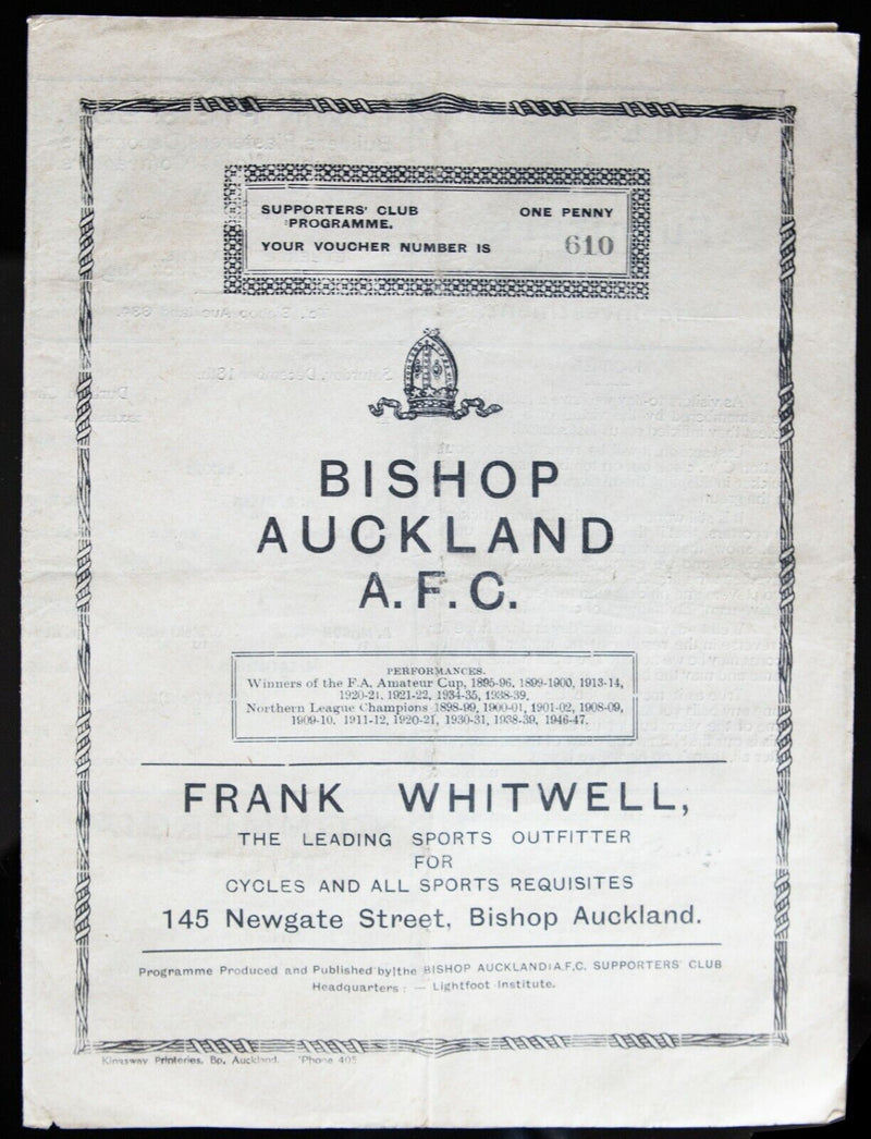 BISHOP AUCKLAND AFC v SOUTH HETTON CW, 18/12/1948 DURHAM CHALLENGE CUP PROGRAMME
