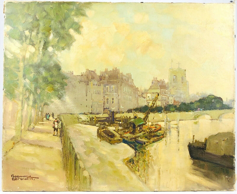 GODWIN BENNETT 'THAMES AT OLD CHELSEA' OIL ON CANVAS SIGNED