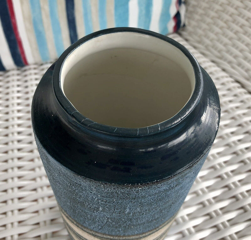 ANNE JONES, TROIKA CORNWALL - STUDIO ART POTTERY CYLINDER VASE, BLUE CIRCLES