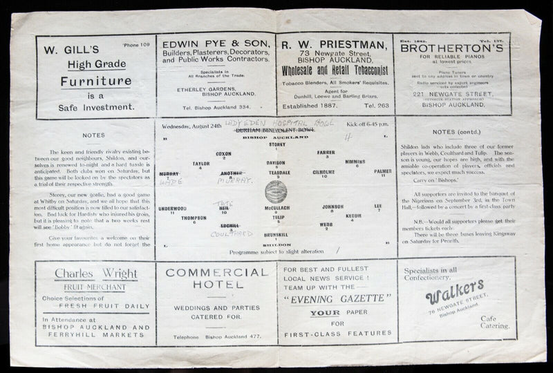 BISHOP AUCKLAND AFC v SHILDON 24/8/1949 LADY EDEN HOSPITAL DURHAM BOWL PROGRAMME