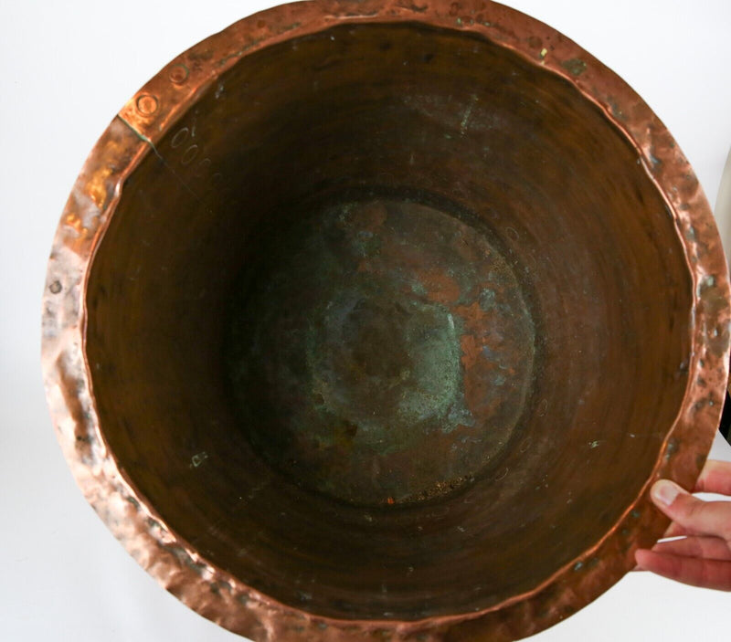 ANTIQUE VICTORIAN COPPER RIVETED CIRCULAR BASIN CAULDRON FIRESIDE LOG BIN BASKET