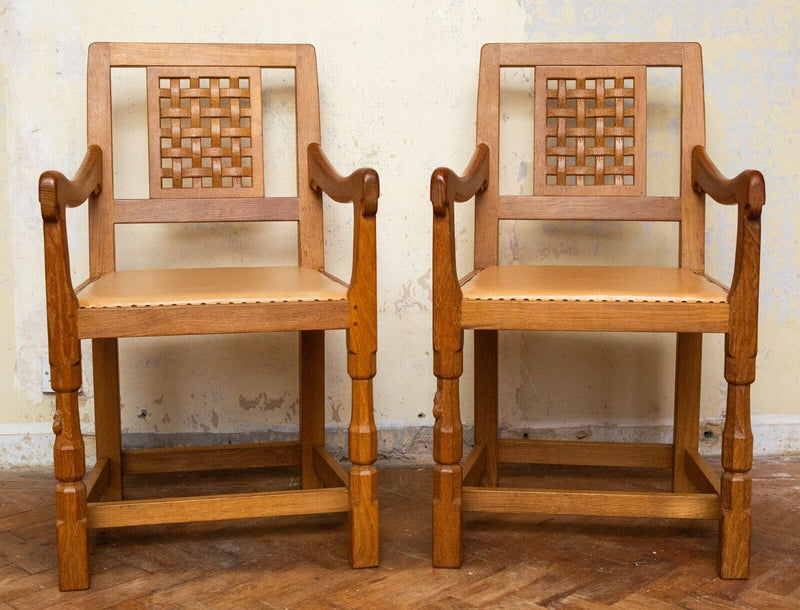 ROBERT 'MOUSEMAN' THOMPSON - PAIR OF OAK LATTICE BACK CARVER ELBOW ARM CHAIRS