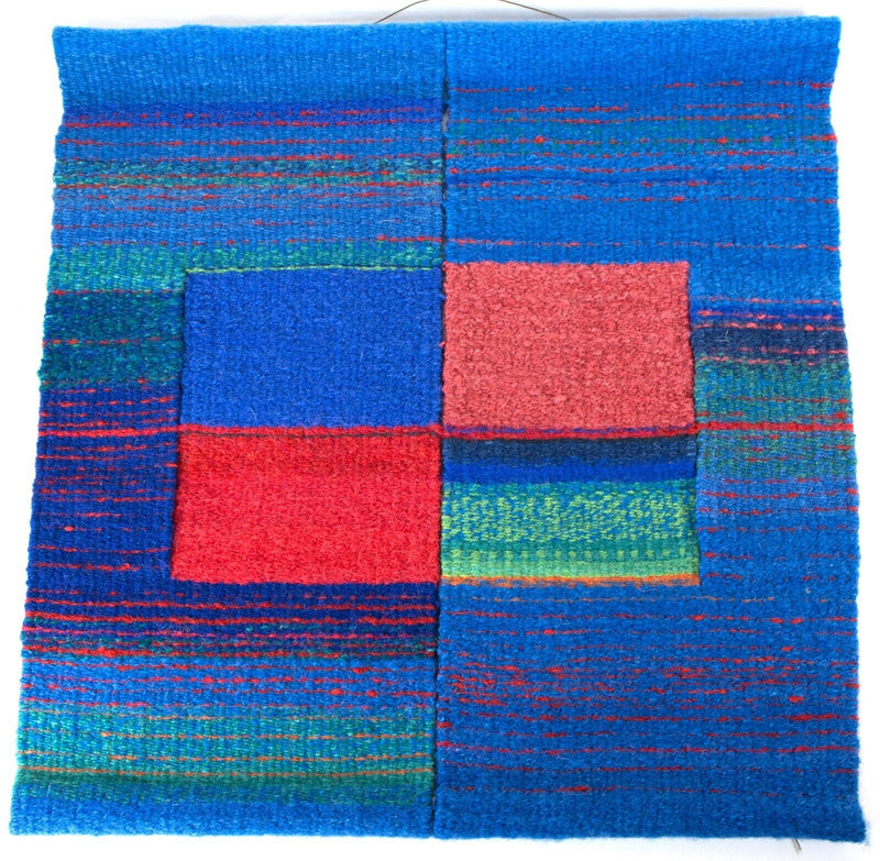 BOBBIE COX 'WOVEN WORLD, RED SQUARE BLUE' SAMPLER WOOL TAPESTRY CONTEMPORARY ART