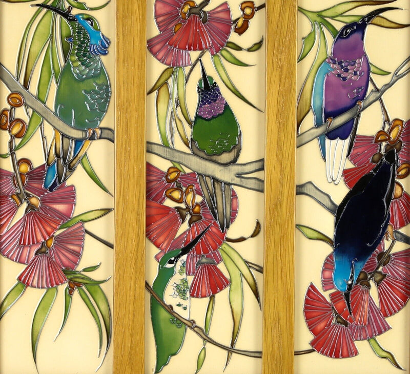 MOORCROFT POTTERY 'COLIBRIS' 2014 EMMA BOSSONS TRIPTYCH HUMMING BIRDS PLAQUE