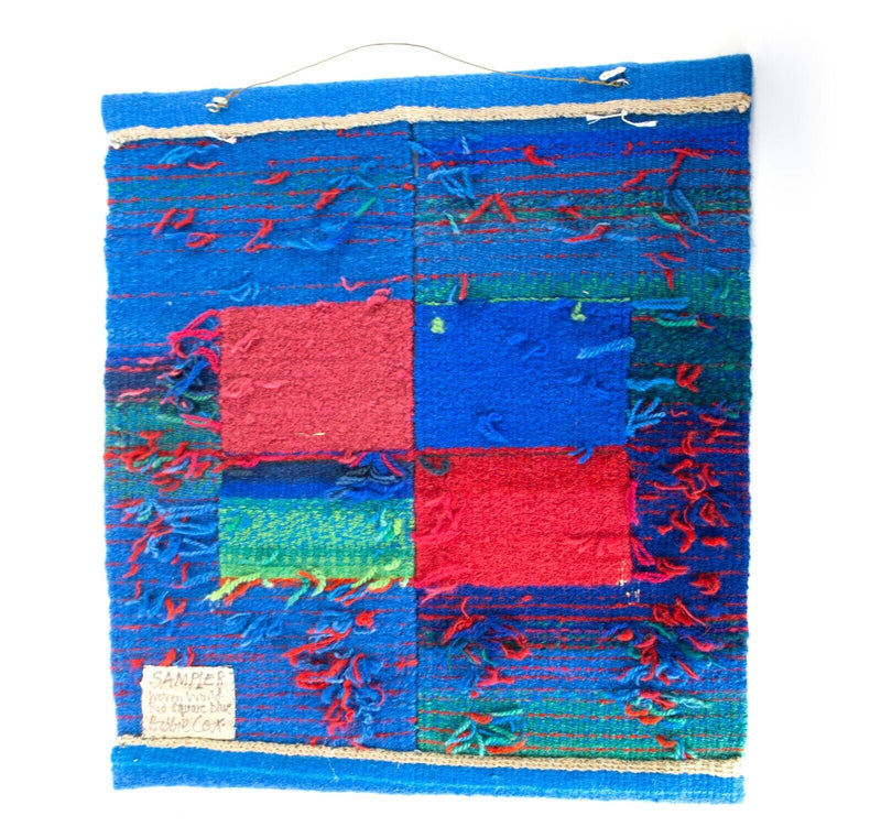 BOBBIE COX 'WOVEN WORLD, RED SQUARE BLUE' SAMPLER WOOL TAPESTRY CONTEMPORARY ART