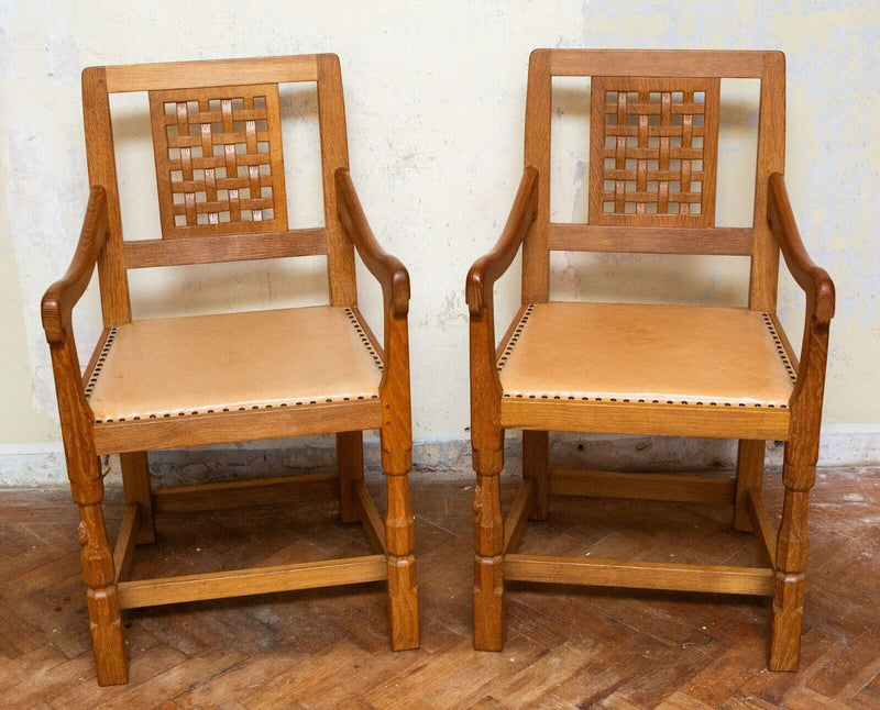ROBERT 'MOUSEMAN' THOMPSON - PAIR OF OAK LATTICE BACK CARVER ELBOW ARM CHAIRS