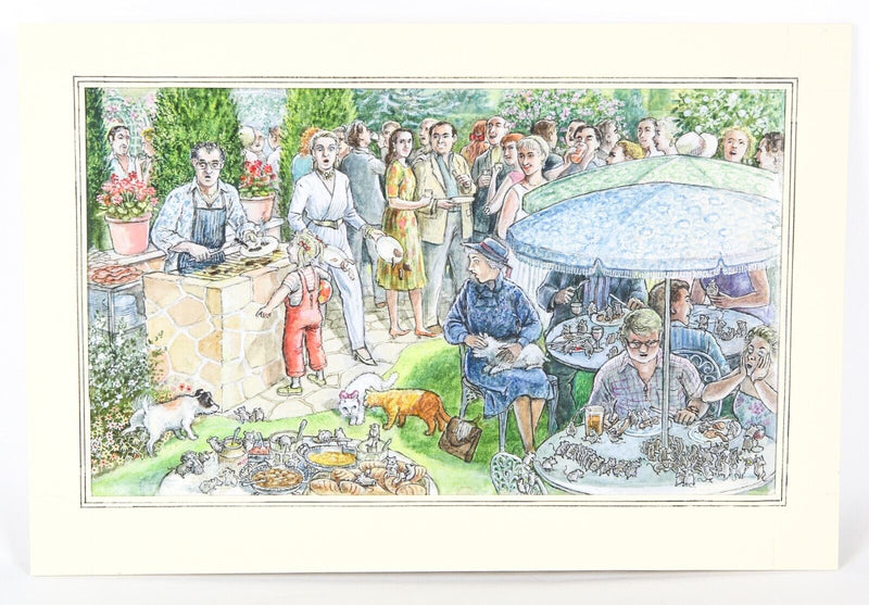 GRAHAM OAKLEY, SAMPSON & CHURCH MICE ARRIVE AT BBQ, ORIGINAL WATERCOLOUR ARTWORK