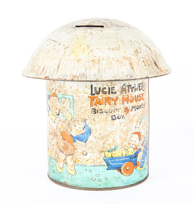 MABEL LUCY ATTWELL'S 'FAIRY HOUSE' BISCUIT & MONEY BOX TOADSTOOL TIN 1930's