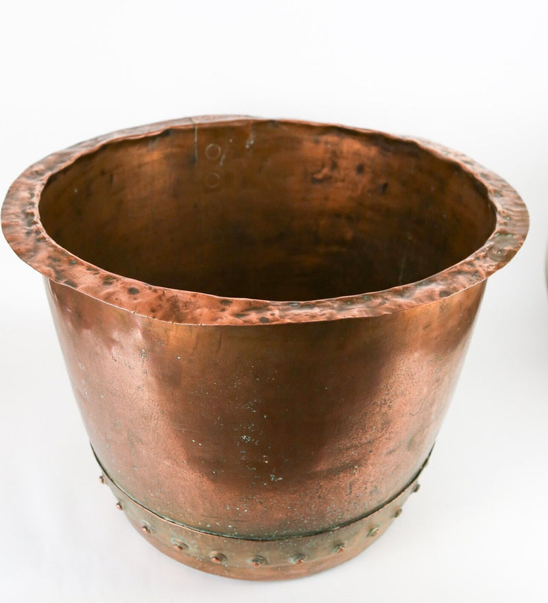 ANTIQUE VICTORIAN COPPER RIVETED CIRCULAR BASIN CAULDRON FIRESIDE LOG BIN BASKET