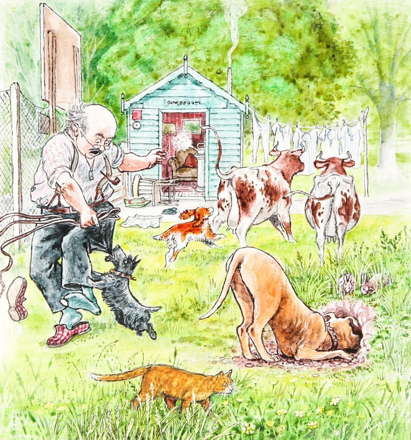 GRAHAM OAKLEY, SAMPSON & DOGS CAUSE CHAOS, ORIGINAL CHURCH MICE ARTWORK PAINTING