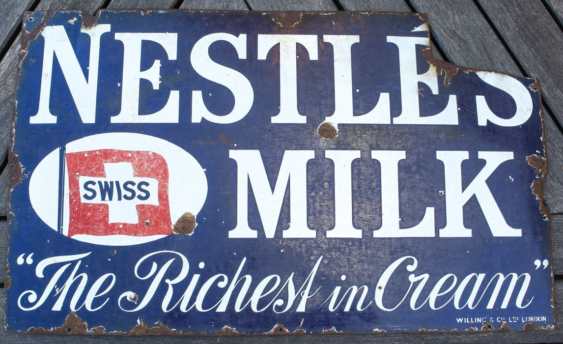 NESTLE'S SWISS MILK, THE RICHEST CREAM - VINTAGE ENAMEL SHOP ADVERTISING SIGN