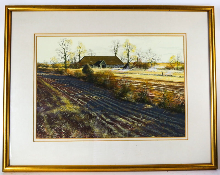 PAUL EVANS, THRESHING BARN IN AUTUMN LANDSCAPE, GOUACHE PAINTING, SIGNED