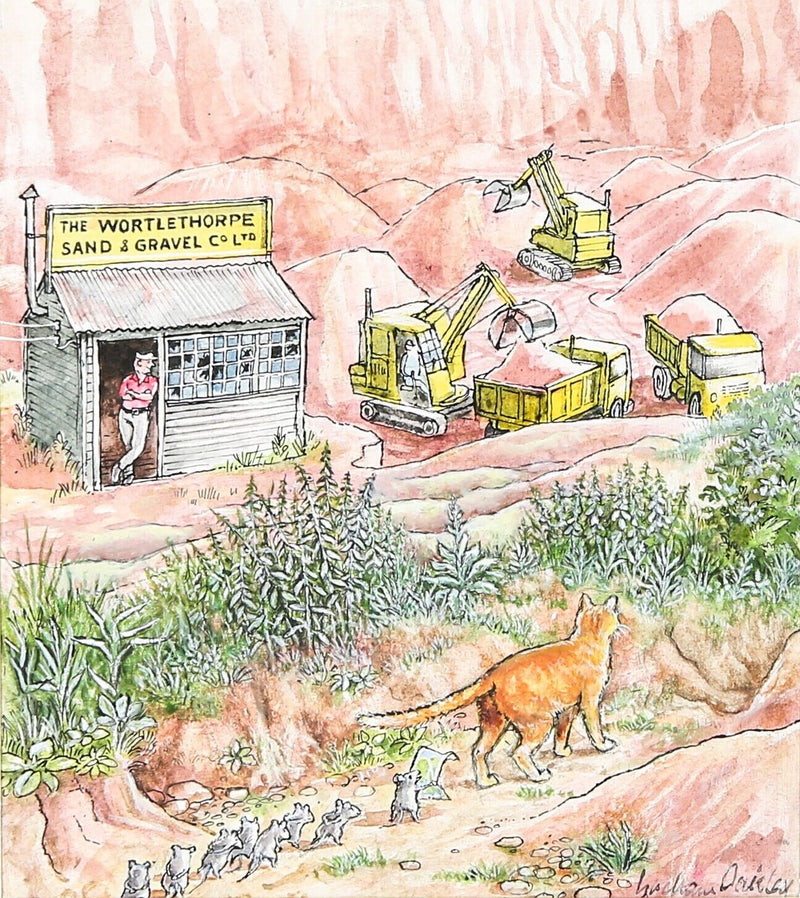 GRAHAM OAKLEY, SAMPSON & CHURCH MICE ENTER GRAVEL PIT, ORIGINAL ARTWORK PAINTING