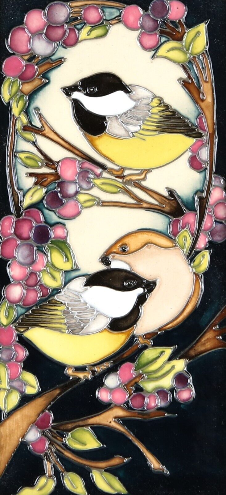 MOORCROFT POTTERY 2014 BIRD TITS BRANCHES FLORAL FLOWER PLAQUE