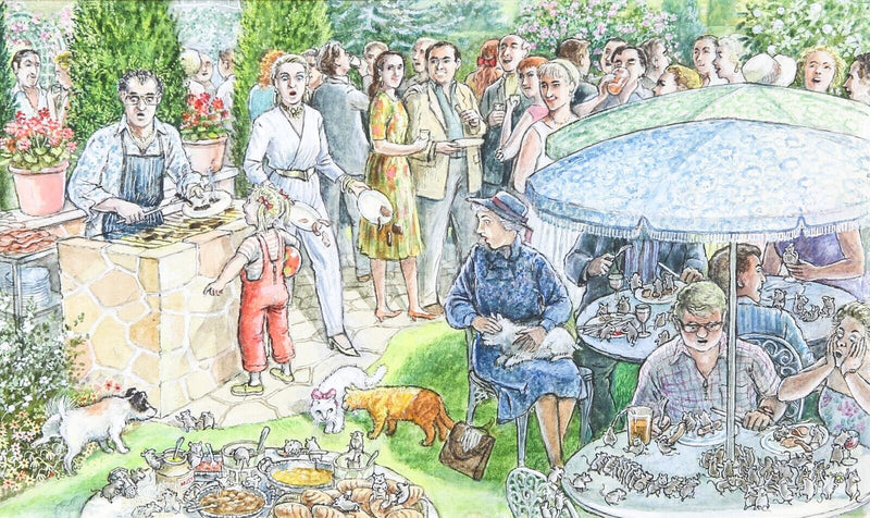 GRAHAM OAKLEY, SAMPSON & CHURCH MICE ARRIVE AT BBQ, ORIGINAL WATERCOLOUR ARTWORK
