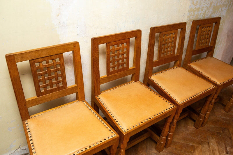 ROBERT 'MOUSEMAN' THOMPSON OF KILBURN - SET OF 4 OAK LATTICE HALL DINING CHAIRS