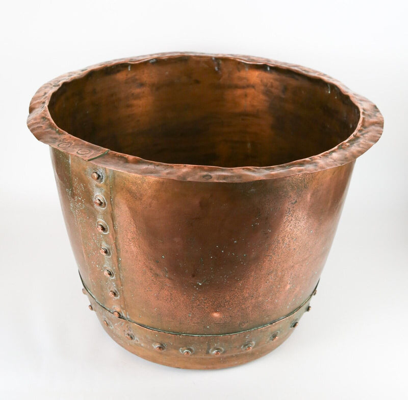 ANTIQUE VICTORIAN COPPER RIVETED CIRCULAR BASIN CAULDRON FIRESIDE LOG BIN BASKET