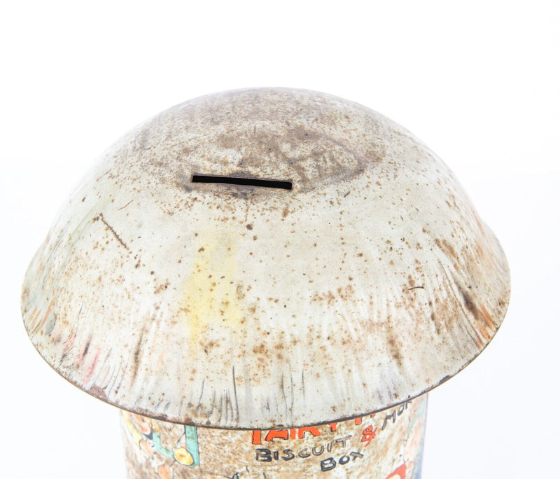 MABEL LUCY ATTWELL'S 'FAIRY HOUSE' BISCUIT & MONEY BOX TOADSTOOL TIN 1930's