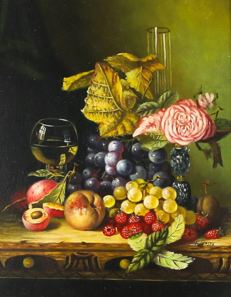 L JENSEN - STILL LIFE OF FRUIT & FLOWERS, INTERIOR STUDY, OIL PAINTING, SIGNED