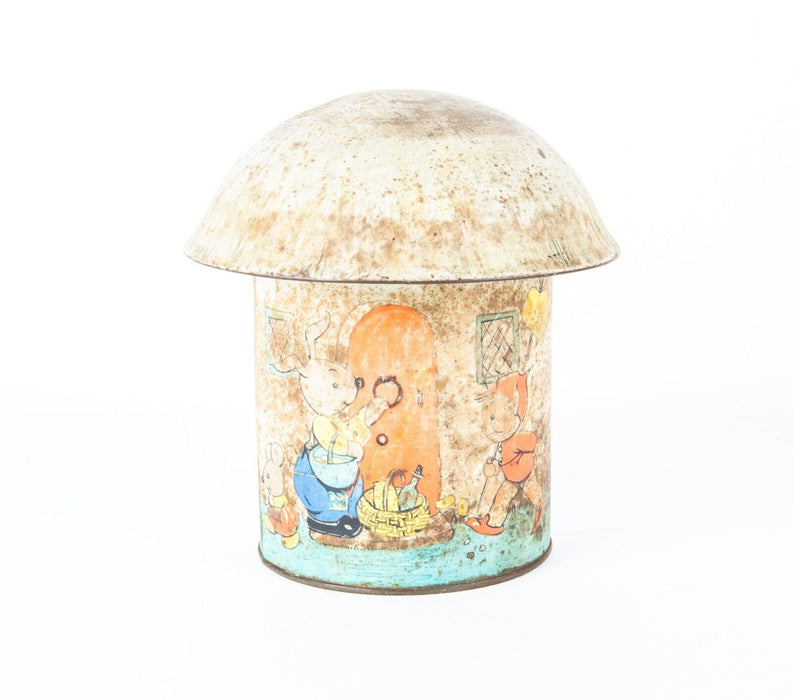 MABEL LUCY ATTWELL'S 'FAIRY HOUSE' BISCUIT & MONEY BOX TOADSTOOL TIN 1930's