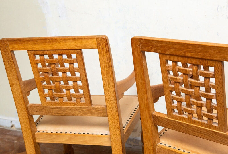 ROBERT 'MOUSEMAN' THOMPSON - PAIR OF OAK LATTICE BACK CARVER ELBOW ARM CHAIRS