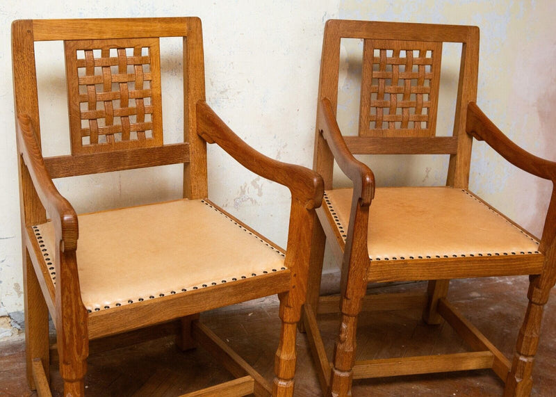 ROBERT 'MOUSEMAN' THOMPSON - PAIR OF OAK LATTICE BACK CARVER ELBOW ARM CHAIRS