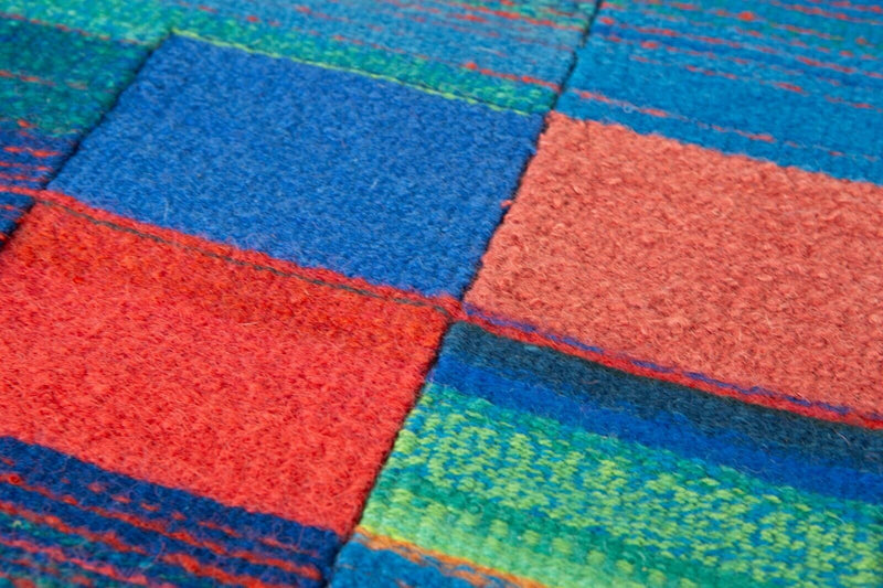 BOBBIE COX 'WOVEN WORLD, RED SQUARE BLUE' SAMPLER WOOL TAPESTRY CONTEMPORARY ART