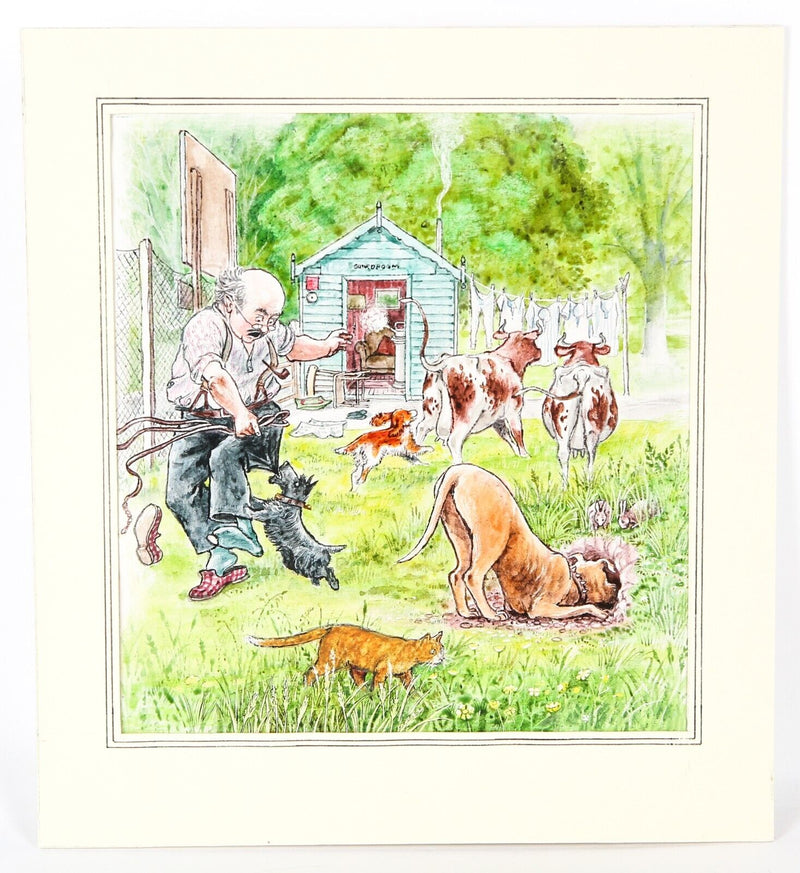 GRAHAM OAKLEY, SAMPSON & DOGS CAUSE CHAOS, ORIGINAL CHURCH MICE ARTWORK PAINTING