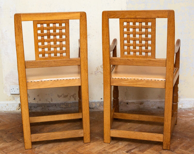 ROBERT 'MOUSEMAN' THOMPSON - PAIR OF OAK LATTICE BACK CARVER ELBOW ARM CHAIRS